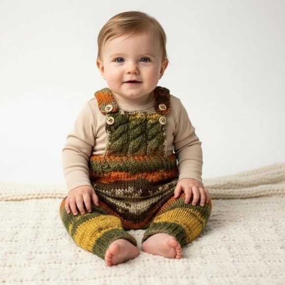 Handmade Cable Knit Stripe Overalls 6 Months - Picture 1 of 7